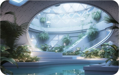 Piscina coberta com uma claraboia redonda, grande e rodeada com jardinagem.