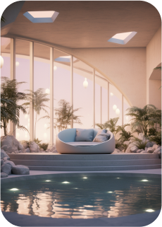 Piscina coberta com uma claraboia redonda, grande e rodeada com jardinagem.